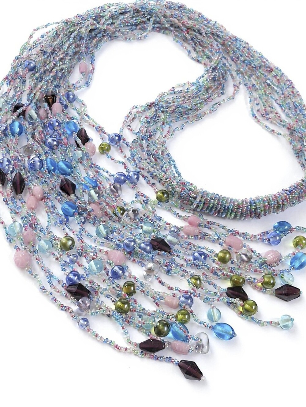 Necklace | Seed and Carved Glass Beaded  Lariat Fringe